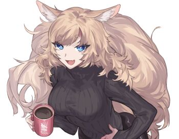 1girl animal_ear_fluff animal_ears arknights black_sweater blonde_hair blue_eyes breasts coffee commentary_request cup dare_1025 fang highres holding holding_cup horse_ears impossible_clothes long_hair long_sleeves looking_at_viewer medium_breasts open_mouth simple_background skin_fang smile solo sweater tail turtleneck turtleneck_sweater upper_body whislash_(arknights) white_background