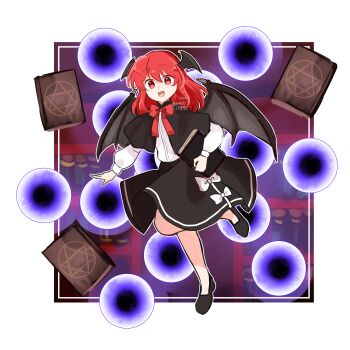 Rule 34 | 1girl, absurdres, black capelet, black shoes, black skirt, book, bow, bowtie, capelet, commentary request, danmaku, demon wings, full body, grimoire, head wings, highres, holding, holding book, koakuma, leg up, long hair, long sleeves, looking at viewer, marione, open mouth, red bow, red bowtie, red hair, shirt, shoes, skirt, skirt bow, smile, solo, touhou, watermark, white bow, white shirt, wings
