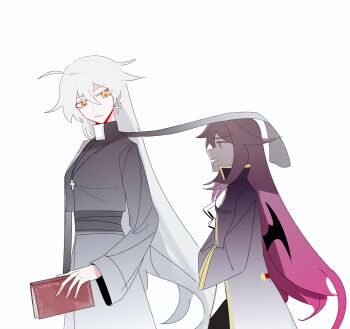 Rule 34 | 2girls, absurdres, ahoge, alternate costume, alternate universe, black robe, book, chinese commentary, coat, collared coat, commentary request, couple, cross, cross earrings, cross necklace, diamond-shaped pupils, diamond (shape), earrings, gradient background, hair between eyes, head tilt, hendiurendelaodong, high collar, highres, holding, holding book, honkai (series), honkai impact 3rd, jewelry, kiana kaslana, kiana kaslana (herrscher of the void), long hair, long sleeves, looking down, looking to the side, multiple girls, necklace, orange eyes, parted lips, priestess, purple hair, robe, scarf, shade, sirin, standing, symbol-shaped pupils, upper body, vampire, walking, wavy hair, white background, white hair, wide sleeves, wings, yuri