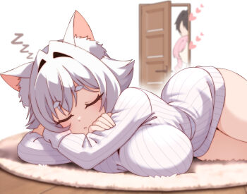 1boy 2girls :&lt; absurdres aijou_rentarou animal_ear_fluff animal_ears bare_legs black_hair breasts carpet cat_ears closed_eyes commentary english_commentary erigo faceless faceless_female faceless_male hair_intakes hanazono_hahari heart highres kimi_no_koto_ga_dai_dai_dai_dai_daisuki_na_100-nin_no_kanojo large_breasts long_sleeves lying multiple_girls nekonari_tama no_pants on_floor open_door peeking_out pink_hair ribbed_sweater sleeping solo_focus sweater white_hair white_sweater wooden_floor zzz