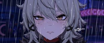 1girl absurdres artist_name caesar_king_(zenless_zone_zero) chainsaw_man close-up closed_mouth eye_twitch frown green_hair hair_between_eyes hair_ornament half-closed_eye highres looking_at_viewer meme mesaria_art night orange_eyes outdoors portrait rain reze's_eye_twitch_(chainsaw_man) scene_reference short_hair solo straight-on twitter_username wet wet_hair zenless_zone_zero