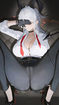 1girl absurdres ahoge black_choker black_gloves black_horns black_pants black_shoes black_tail blush breasts button_gap cameltoe choker closed_mouth collarbone collared_shirt commentary curled_horns demon_tail gloves grey_hair hand_up heart high-waist_pants high_heels highres horns jiuzaiqianjitian large_breasts long_hair m_legs mole mole_on_breast multicolored_hair necktie pants red_necktie shirt shirt_tucked_in shoes solo spread_legs streaked_hair tail tight_clothes tight_pants undone_necktie white_shirt wuthering_waves zani_(wuthering_waves)
