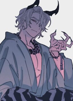 1boy alternate_costume animification bead_bracelet beads black_hakama black_horns black_nails blonde_hair bracelet closed_mouth commentary_request demon_boy demon_horns fingernails frown green_kimono haaa_om007ls hakama hand_up highres horns japanese_clothes jewelry kimono korean_commentary lloyd_garmadon looking_at_viewer male_focus ninjago oni open_clothes open_kimono pectoral_cleavage pectorals red_eyes sharp_fingernails simple_background sitting solo tassel the_lego_group very_long_fingernails white_background