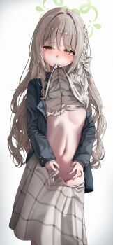 1girl absurdres black_bow black_bowtie black_jacket blue_archive blush bow bowtie braid breasts closed_mouth clothes_in_mouth clothes_lift clothes_pull commentary_request diagonal-striped_bow diagonal-striped_bowtie diagonal-striped_clothes gradient_background green_halo grey_background grey_bow grey_hair grey_shirt grey_skirt groin hair_between_eyes hair_bow hair_ribbon halo highres jacket lifting_own_clothes long_hair long_sleeves looking_at_viewer miyo_(blue_archive) mouth_hold navel no_bra no_panties open_clothes open_jacket open_skirt pulling_own_clothes raised_eyebrows ramuneru ribbon ribbon_braid school_uniform shirt shirt_in_mouth shirt_lift side_braid skirt skirt_pull sleeves_past_wrists small_breasts solo standing stomach striped_bow striped_bowtie striped_clothes very_long_hair wavy_hair white_background white_ribbon yellow_eyes