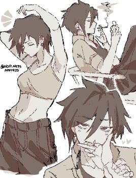 1girl armpits arms_up artist_name bare_shoulders black_hair blush breasts cigarette collarbone commentary crop_top dated dispatch earrings english_commentary face_piercing hair_between_eyes highres holding holding_another&#039;s_wrist holding_cigarette holding_lighter invisigal_(dispatch) jacket jewelry licking_another&#039;s_finger lighter looking_at_viewer midriff navel nod_arts nose_piercing nose_ring open_mouth pants piercing short_hair short_sleeves simple_background sitting sketch small_breasts smoke smoking standing white_background