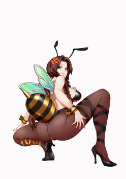 1girl absurdres aerith_gainsborough antennae arthropod_girl ass bad_id bad_pixiv_id bare_shoulders bee_costume bee_girl braid breasts brown_eyes closed_mouth commentary_request final_fantasy final_fantasy_vii final_fantasy_vii_remake flower from_behind full_body green_eyes hair_flower hair_ornament high_heels highleg highleg_leotard highres honey_bee_inn insect_girl leotard lisp long_hair looking_at_viewer looking_back medium_breasts pantyhose parted_bangs simple_background single_braid squatting tabobox wings wrist_cuffs