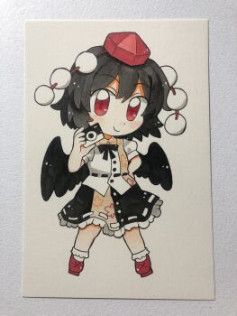Rule 34 | 1girl, bad id, bad twitter id, bird wings, black bow, black bowtie, black hair, black skirt, black wings, bow, bowtie, camera, chibi, chibi only, closed mouth, collared shirt, commentary, full body, geta, hat, highres, holding, holding camera, leaf print, looking at viewer, maa (forsythia1729), medium hair, photo (medium), pom pom (clothes), puffy short sleeves, puffy sleeves, red eyes, red hat, red shoes, ribbon-trimmed skirt, ribbon trim, shameimaru aya, shirt, shoes, short sleeves, skirt, smile, socks, solo, tengu-geta, tokin hat, touhou, traditional media, white shirt, white socks, wings