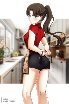1girl apron ass black_shorts blue_eyes breasts brown_apron brown_hair commentary_request fate/stay_night fate_(series) highres long_hair looking_at_viewer looking_back medium_breasts parted_bangs ponytail red_shirt shirt short_shorts short_sleeves shorts smile solo thighs tohsaka_rin xkzan