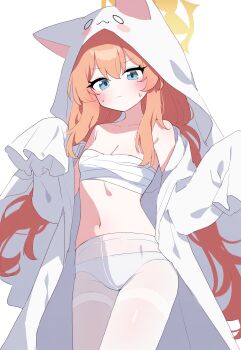 1girl animal_ear_headwear animal_ear_hood animal_ears animal_hood arms_up auto_ins bandaged_chest bandages blue_archive blue_eyes blush breasts cat_hood chest_sarashi closed_mouth collarbone commentary_request cowboy_shot fake_animal_ears ghost_costume ghost_pose hair_between_eyes halloween halloween_costume halo high-waist_pantyhose highres hood hood_up long_hair long_sleeves looking_at_viewer mari_(blue_archive) naked_bandage navel open_clothes orange_halo panties panties_under_pantyhose pantyhose sarashi sheet_ghost simple_background sleeves_past_fingers sleeves_past_wrists small_breasts solo stomach sweat thighband_pantyhose underwear white_background white_panties white_pantyhose yellow_halo