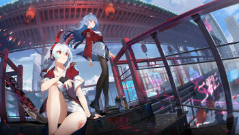 2girls absurdres animal_ear_headphones animal_ears bili_girl_22 bili_girl_33 bilibili black_panties black_pantyhose blue_hair chinese_commentary city commentary_request fake_animal_ears grey_hair hair_between_eyes headphones highres kexue long_hair multiple_girls overpass panties pantyhose rabbit_ear_headphones rabbit_ears railing red_eyes sitting spray_can standing thighs underwear
