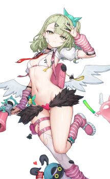 Rule 34 | 1girl, absurdres, arm up, arm warmers, backpack, bag, bandaid, bandaid on cheek, bandaid on face, bangboo (zenless zone zero), belt, belt pouch, biggest fan (zenless zone zero), bikini, black choker, breasts, cameltoe, choker, commentary, frown, fur skirt, gluteal fold, green eyes, green hair, hair ornament, hairclip, heart pasties, highres, holding, holding megaphone, jewelry, kiriko (araragikoyomi), leg up, long hair, looking at viewer, low wings, megaphone, nail polish, navel, necktie, one side up, pasties, pink shoes, pink socks, pouch, randoseru, red necktie, ring, shoes, short necktie, short sleeves, shrug (clothing), simple background, single thighhigh, skindentation, small breasts, socks, solo, stomach, string bikini, striped clothes, striped socks, sunna (zenless zone zero), swimsuit, tearing up, thigh belt, thigh gap, thigh strap, thighhighs, thighs, v, white background, white bikini, white shrug, white thighhighs, wing collar, wings, zenless zone zero