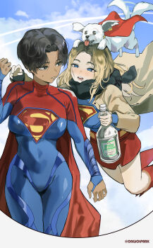 Rule 34 | 2girls, absurdres, black hair, black scarf, blonde hair, blue eyes, blush, bodysuit, boots, bottle, breasts, brown coat, cape, coat, commentary, dark-skinned female, dark skin, dc comics, dc extended universe, dc universe (franchise), dog, drunk, english commentary, feet out of frame, flying, glass bottle, highres, holding, holding bottle, krypto the superdog, making-of available, midair, multicolored hair, multiple girls, open clothes, open coat, open mouth, park ongjol, parted bangs, parted lips, red boots, red cape, red skirt, roots (hair), scarf, short hair, skirt, supergirl, superhero costume, superman (2025), superman (series), superman logo, the flash (movie), tomboy, white dog