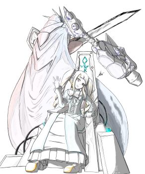 Rule 34 | 1girl, absurdres, arm blade, arm cannon, breasts, cape, commentary, digimon, digimon (creature), digimon story: time stranger, dress, drill hair, from behind, full body, highres, long hair, mecha, omegamon, robot, setsu (knint ), simple background, sitting, sketch, sword, symbol-only commentary, throne, twin drills, twintails, weapon, white background, yggdrasill (digimon)