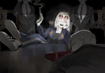 1boy 1girl 2others arms_behind_back black_necktie black_shirt black_vest bleeding blonde_hair blood blue_jacket closed_eyes collared_shirt crossed_ankles empty_eyes eyewear_on_head full_body grin gun hair_over_one_eye hand_on_own_chin hand_up handgun head_rest headshot highres holding holding_gun holding_weapon jacket leaning_forward legs_up long_sidelocks mei_mezu multiple_others murder necktie original out_of_frame pool_of_blood reflective_table shirt sidelocks smile smoke smoke_trail table vest weapon white_shirt