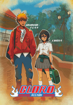 Rule 34 | 1boy, 1girl, absurdres, alternate universe, backpack, bag, black eyes, black hair, bleach, blue pants, brown eyes, clothes around waist, commentary, copyright name, grey skirt, hand in pocket, height difference, highres, holding, holding bag, hollow (bleach), kneehighs, kuchiki rukia, kurosaki ichigo, lamppost, lanyard, menos grande, miniskirt, open mouth, orange hair, pants, pleated skirt, school uniform, shirt, shirt tucked in, skirt, socks, spanish commentary, sweater, sweater around waist, torn clothes, torn pants, umbra (edits umbra), untucked shirt, white shirt, white socks, wristband
