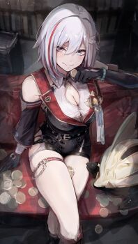 1girl bare_shoulders black_gloves black_shorts blue_eyes breasts cleavage coin colored_inner_hair crossed_legs gloves grey_hair hair_between_eyes hair_ornament highres holding holding_coin honkai:_star_rail honkai_(series) large_breasts looking_at_viewer multicolored_hair numby_(honkai:_star_rail) red_hair sanshoku_dango_(shukosuko) shirt short_hair shorts sitting smile streaked_hair thigh_strap thighs topaz_(honkai:_star_rail) trotter_(honkai:_star_rail)