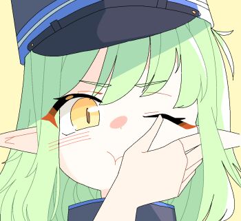 1girl 1other animated animated_gif blue_archive cheek_press closed_mouth dthmns ear_wiggle green_hair hat hikari_(blue_archive) long_hair looking_at_viewer one_eye_closed peaked_cap portrait pout simple_background solo_focus yellow_background yellow_eyes