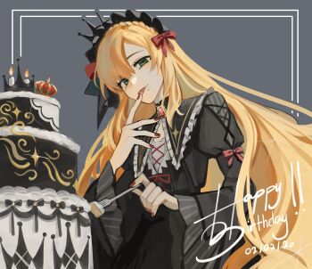 1boy black_dress black_hairband blonde_hair bow braid brooch cake commentary_request crossdressing crossdressing_(mtf) crown crown_braid dated dress food fork green_eyes grey_background hair_bow hairband happy_birthday highres holding holding_fork inset_border jewelry juliet_sleeves koumochii licking_own_finger long_hair long_sleeves looking_at_viewer male_focus nail_polish nijisanji official_alternate_costume puffy_sleeves puritan_collar solo tongue tongue_out trap uzuki_kou uzuki_kou_(4th_costume) virtual_youtuber wide_sleeves