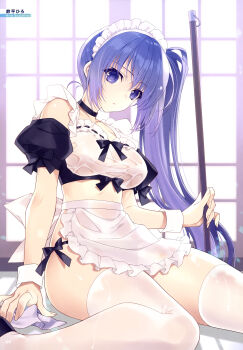 1girl absurdres apron artist_name black_choker black_panties blue_eyes blue_hair breasts choker collarbone crop_top dengeki_moeoh feet_out_of_frame frills head_tilt highres holding long_hair looking_at_viewer magazine_scan maid maid_apron maid_headdress medium_breasts on_floor original page_number panties parted_lips puffy_short_sleeves puffy_sleeves scan see-through_clothes shiny_skin short_sleeves side-tie_panties side_ponytail solo suzuhira_hiro thighhighs third-party_source unconventional_maid underwear waist_apron wet wet_clothes white_apron white_thighhighs white_wrist_cuffs window wrist_cuffs