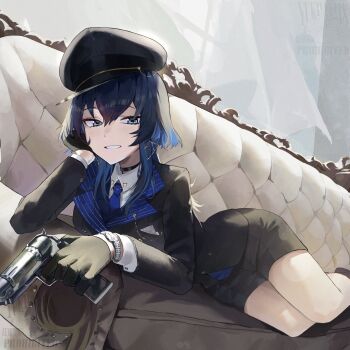 1girl black_jacket blue_eyes blue_hair blue_hat blue_jacket blue_necktie coat collared_shirt couch fanged_bangs gloves gun handgun hat highres holding holding_gun holding_weapon hololive hololive_english indoors jacket long_hair long_sleeves looking_at_viewer military military_dress_uniform military_hat military_jacket military_uniform necktie on_couch ouro_kronii peaked_cap shirt smile virtual_youtuber weapon yukii91218