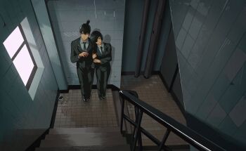 Rule 34 | absurdres, bad id, bad twitter id, black hair, black jacket, black necktie, black pants, chainsaw man, cigarette, collared shirt, eyepatch, formal clothes, hayakawa aki, highres, himeno (chainsaw man), holding another's arm, jacket, leaning on person, lem, looking at another, looking to the side, necktie, pants, shirt, shirt tucked in, short hair, smoke, smoking, stairs, suit, suit jacket, tile floor, tile wall, tiles, topknot, white shirt, wide shot, window