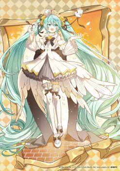 1girl absurdly_long_hair aqua_eyes aqua_hair aqua_nails bird collar commentary_request dress frilled_dress frilled_sleeves frills full_body gold_trim hair_between_eyes hair_ornament hatsune_miku highres long_hair long_sleeves looking_at_another miku_symphony_(vocaloid) official_alternate_costume open_mouth piapro_studio smile solo thighhighs twintails very_long_hair vocaloid white_bird white_dress white_thighhighs wings wogura