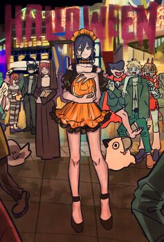 3girls 4boys angel_devil_(chainsaw_man) angel_wings animal_ears arm_around_neck beam_(chainsaw_man) black_cloak black_dress black_hair black_jacket black_pants black_shoes blonde_hair blue_hair blue_pants book bow bowtie breasts chainsaw chainsaw_man choker cloak closed_mouth colored_skin creature demon_horns denji_(chainsaw_man) detached_sleeves dress full_body ghost_costume green_eyes green_skin grey_shirt hair_between_eyes halloween halloween_costume halo hand_on_another&#039;s_shoulder hayakawa_aki highres holding holding_book holding_pumpkin horns jacket jiangshi_costume long_hair makima_(chainsaw_man) medium_breasts multiple_boys multiple_girls nun ofuda ofuda_on_head open_mouth pants pochita_(chainsaw_man) ponytail power_(chainsaw_man) prison_clothes puffy_short_sleeves puffy_sleeves pumpkin red_bow red_bowtie red_hair red_horns reze_(chainsaw_man) ribbon_choker shark_boy sharp_teeth shirt shoes short_dress short_hair short_ponytail short_sleeves smile striped_clothes striped_pants striped_shirt takeuchi_ryousuke teeth tile_floor tiles tongue tongue_out vampire_costume werewolf_costume wings wolf_ears zombie_costume
