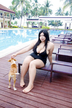 1girl asian black_hair breasts chouzuki_maryou dog large_breasts photo_(medium) plump solo swimsuit