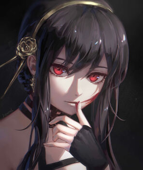 1girl absurdres bare_shoulders black_dress black_gloves black_hair blood blood_on_face closed_mouth commentary dark_background dress earrings eyelashes fingerless_gloves fingernails flower gloves gold_earrings gold_hairband hair_bun hair_flower hair_ornament hairband highres jewelry lips looking_at_viewer makeup red_background red_eyes red_lips rose sidelocks single_hair_bun sleeveless sleeveless_dress solo spy_x_family upper_body weapon wiping yor_briar zieru