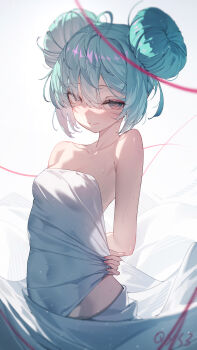 1girl alternate_hairstyle aqua_hair arms_behind_back artist_name bare_shoulders blush breasts closed_mouth collarbone commentary_request covered_navel cowboy_shot curtains double_bun hair_between_eyes hair_bun hatsune_miku heart heart-shaped_pupils highres looking_at_viewer qys3 red_eyes short_hair signature simple_background small_breasts smile solo string sweat symbol-shaped_pupils vocaloid white_background
