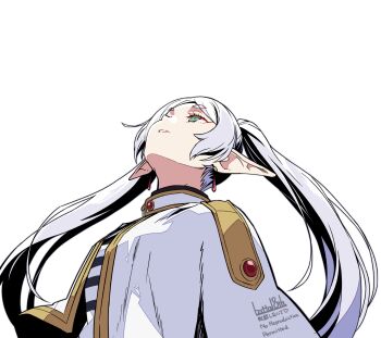 1girl batta_16-sei capelet commentary_request earrings elf frieren green_eyes highres jewelry long_hair looking_up meme parted_lips pointy_ears shirt simple_background solo sousou_no_frieren striped_clothes striped_shirt twintails upper_body upward_angle_frieren_drawing_(meme) white_background white_capelet white_hair