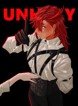 2girls absurdres arm_behind_back black_background black_gloves black_pants blue_eyes blush chest_harness closed_mouth commentary_request earrings english_text gloves gundam gundam_suisei_no_majo harness highres index_finger_raised jewelry korean_commentary long_hair long_sleeves looking_at_viewer miorine_rembran multiple_girls pants red_hair shirt simple_background snapagi suletta_mercury sweat thick_eyebrows unholy_(sam_smith) upper_body white_shirt