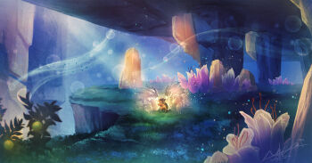 Rule 34 | 3others, cliff, commentary request, flower, genshin impact, grass, highres, light particles, light rays, multiple others, nekobayashi, no humans, pink flower, rock, signature, spirit, sunbeam, sunlight, tepetlisaurus (genshin impact)