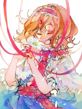 1girl alice_margatroid blonde_hair blue_dress capelet closed_eyes closed_mouth commentary_request daisy_(flower) dress flower frilled_hairband frilled_necktie frilled_sash frills hairband highres necktie red_hairband red_necktie red_sash sash shinjitsu_no_kuchi short_hair simple_background smile solo touhou upper_body white_background white_capelet white_flower