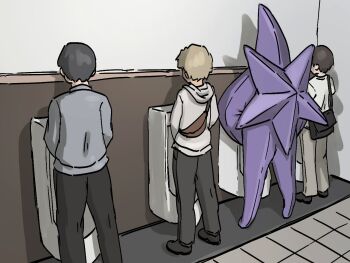 3boys arisu_kazumi bathroom colored_skin gen_1_pokemon long_legs mega_pokemon mega_starmie multiple_boys nintendo peeing pokemon pokemon_(creature) pokemon_legends:_z-a public_restroom purple_skin starmie tiles toilet toilet_use urinal
