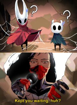 Rule 34 | 1other, 2girls, ?, absurdres, black hair, brown eyes, cloak, crossover, devovas, highres, holding, holding microphone, hollow knight, hollow knight: silksong, horned mask, hornet (hollow knight), knight (hollow knight), long hair, marvel, mask, microphone, multiple girls, name connection, red cloak, silk, silk (marvel), spider-man (series), spider web, spider web print, superhero costume, sweatdrop, white mask