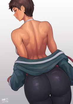 1girl absurdres ass back backless_outfit belt black_pants breasts brown_eyes brown_hair commentary dark-skinned_female dark_skin dated dc_comics earrings english_commentary fingernails grey_background halterneck highres jewelry kongman99 large_breasts lois_lane looking_at_viewer looking_back median_furrow medium_breasts my_adventures_with_superman no_bra off_shoulder pants red_belt removing_jacket scene_reference short_hair shoulder_blades solo stud_earrings superman_(series) sweat thigh_gap tomboy toned turning_head undressing very_short_hair