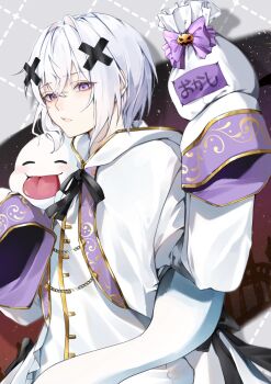 1boy bag commentary hair_between_eyes hair_ornament hashtag-only_commentary highres holding holding_bag jacket long_sleeves looking_at_viewer male_focus melt_(meteorites) meteorites_(stpr) parted_lips purple_eyes shirt short_hair sleeves_past_fingers sleeves_past_wrists solo symbol-only_commentary tongue tongue_out upper_body white_jacket white_shirt x_hair_ornament ymayma_da