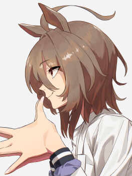 1girl absurdres agnes_tachyon_(umamusume) ahoge animal_ears brown_eyes brown_hair closed_mouth commentary_request from_side fuse_gomame highres horse_ears horse_girl own_hands_together simple_background smile solo umamusume white_background