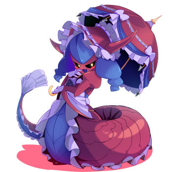 black_sclera blue_hair colored_sclera digimon digimon_(creature) hat horns lamia lamiamon long_hair monster_girl ribbon tflames yellow_eyes