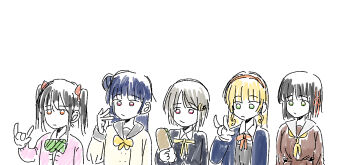 Rule 34 | 5girls, \m/, arms at sides, black hair, black jacket, blonde hair, blue hair, blue jacket, blunt bangs, blunt ends, bob cut, bow, bowtie, cardigan, collared shirt, commentary request, crescent, crescent hair ornament, curly sidelocks, dress, food, green bow, green bowtie, green eyes, grey dress, grey hair, grey sailor collar, hair bow, hair bun, hair ornament, hairband, heanna sumire, holding, holding bread, holding food, inward w, jacket, kingmandu 0, koppepan, korean commentary, link! like! love live!, long hair, looking at hand, love live!, love live! nijigasaki high school idol club, love live! school idol project, love live! sunshine!!, love live! superstar!!, momose ginko, multiple girls, nakasu kasumi, neck ribbon, nijigasaki school uniform, odd one out, open clothes, open jacket, otonokizaka school uniform, pinafore dress, pink cardigan, red bow, red hairband, red ribbon, ribbon, sailor collar, school uniform, serafuku, shirt, short hair, simple background, single side bun, sketch, sleeveless, sleeveless dress, star (symbol), star hair ornament, tsushima yoshiko, twintails, uranohoshi school uniform, w, white background, white shirt, winter uniform, yazawa nico, yellow bow, yellow bowtie, yellow ribbon, yuigaoka school uniform