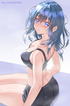 1girl absurdres ass bare_back bare_shoulders black_shorts black_sports_bra blue_eyes blue_hair blush breasts cleavage closed_mouth collarbone commentary_request covered_navel female_byleth_(fire_emblem) fire_emblem fire_emblem:_three_houses from_side hair_between_eyes highres large_breasts long_hair looking_at_viewer looking_to_the_side midriff nintendo shorts skindentation solo sports_bra sweat thick_thighs thighs wade_(njud8343)