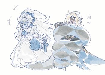 1boy 1girl blonde_hair blue_skin blush colored_skin cookie_run dress highres lamia monster_girl moomsaw pointy_ears prehensile_tail pure_vanilla_cookie pure_vanilla_cookie_(truthless_recluse) shadow_milk_cookie shadow_milk_cookie_(female) snake_girl tail wedding_dress white_hair