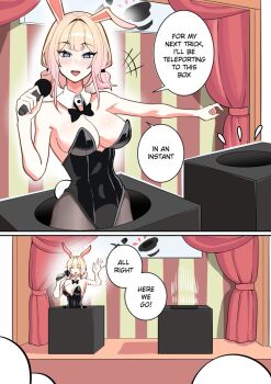 +++ 1girl animal_ears black_bow black_bowtie black_leotard black_pantyhose blonde_hair blue_eyes bow bowtie breasts cleavage closed_eyes collar commentary detached_collar double-parted_bangs english_commentary english_text highres holding holding_microphone large_breasts leotard looking_at_viewer magic_trick microphone mirui09 open_mouth original pantyhose playboy_bunny pointing rabbit_ears rabbit_girl rabbit_tail short_hair smile speech_bubble strapless strapless_leotard tail talking white_collar