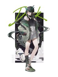 Rule 34 | 1girl, absurdres, alternate costume, arknights, bare shoulders, black hair, black shirt, black socks, breasts, character name, dragon girl, dragon horns, dragon tail, dusk (arknights), earpiece, earrings, floating hair, full body, green hair, grey jacket, hair over one eye, hand in pocket, highres, horns, jacket, jewelry, long hair, medium breasts, multicolored hair, narakuuu, off shoulder, one eye covered, open clothes, open jacket, orange eyes, parted lips, pointy ears, shirt, shoes, simple background, single sock, sleeveless, sleeveless shirt, socks, solo, standing, streaked hair, tail, tassel, tassel earrings, very long hair, watermark, white background, white footwear