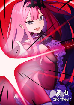 Rule 34 | 1girl, absurdres, baobhan sith (fate), baobhan sith (first ascension) (fate), bare shoulders, breasts, center frills, detached collar, detached sleeves, dress, earrings, fate/grand order, fate (series), frills, grey eyes, highres, jewelry, large breasts, long hair, looking at viewer, omte97, open mouth, outstretched arm, pink hair, pointy ears, red dress, sidelocks, smile, solo, tiara