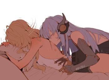 2girls android artist_name bed_sheet black_shorts blonde_hair blue_hair body_freckles bvbu closed_eyes commentary english_commentary freckles genshin_impact headgear hickey highres hugging_object ineffa_(genshin_impact) jahoda_(genshin_impact) kissing_back long_hair looking_at_another lying mechanical_arms mole mole_on_arm mole_on_back mole_on_leg multiple_girls on_stomach pillow pillow_hug shorts shoulder_freckles simple_background sweat twitter_username white_background yuri