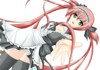 Rule 34 | airi (queen's blade), breasts, cleavage, green eyes, long hair, maid, maid headdress, miyaman, outstretched hand, red hair, ribbon, thighhighs, twintails