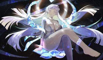 1girl absurdres ass black_hole bodysuit breasts colored_eyelashes dambi_(dam_bb_0526) goddess_of_victory:_nikke grey_hair highres long_hair looking_at_viewer multicolored_bodysuit nayuta_(nikke) nayuta_(wu_wei)_(nikke) official_alternate_costume official_alternate_design purple_bodysuit sitting solo space_skin thick_eyelashes two-tone_bodysuit unusually_open_eyes white_eyelashes white_hair