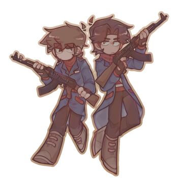 2boys assault_rifle belo_icey black_pants blue_coat boots brown_hair cigarette coat commentary eddsworld full_body gun highres holding holding_gun holding_weapon jitome male_focus multiple_boys pants patryck_(eddsworld) paul_(eddsworld) red_sweater rifle short_hair simple_background sweater thick_eyebrows thick_lineart turtleneck turtleneck_sweater variant_set weapon white_background